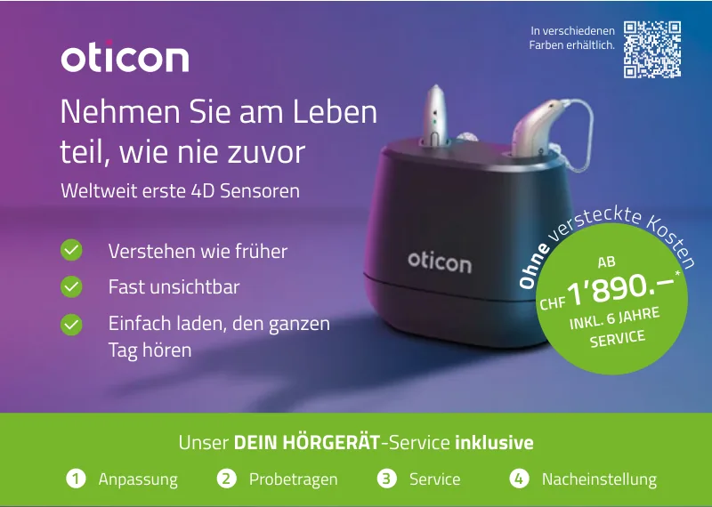 Oticon-Hörgeräte in der Ladeschale – ab CHF 1’890.– inklusive 6 Jahre Service