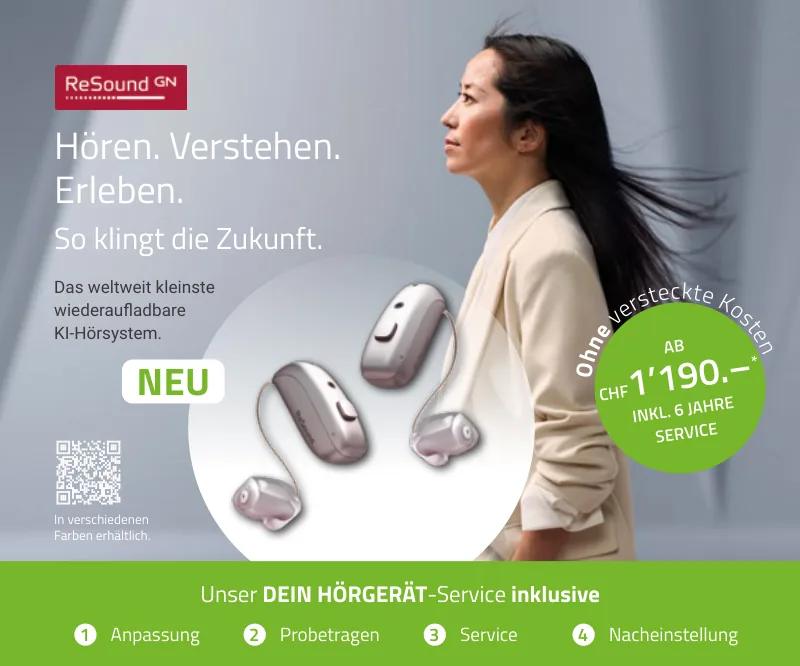Frau im Profil, davor ReSound-Hörgeräte – ab CHF 1’190.– inklusive 6 Jahre Service