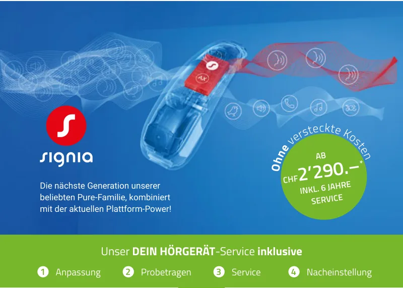 Signia-Hörgerät in transparenter Darstellung – ab CHF 2’290.– inklusive 6 Jahre Service
