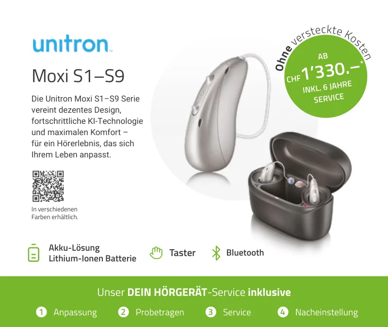 Unitron Moxi mit Ladeetui – ab CHF 1’330.– inklusive 6 Jahre Service